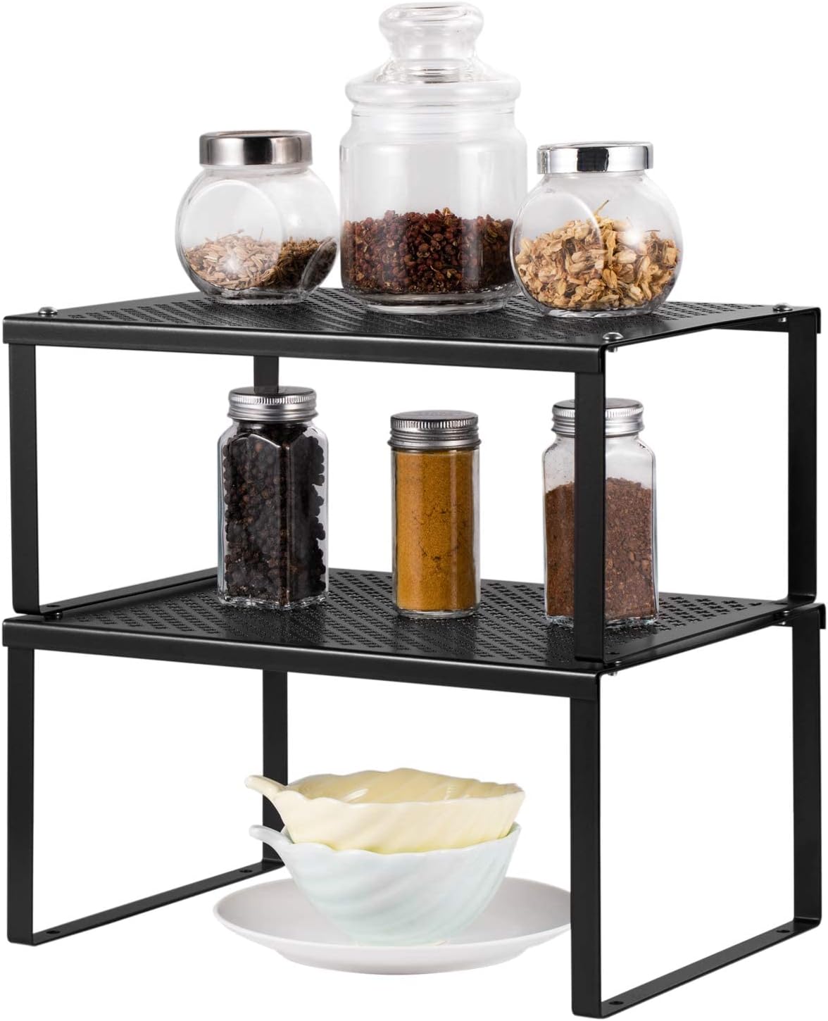 Cabinet Organizer Shelf Set of 2, Kitchen Counter Stackable Shelves, Expandable Spice Rack Pantry Organizers Bathroom Storage Riser, Metal, Black