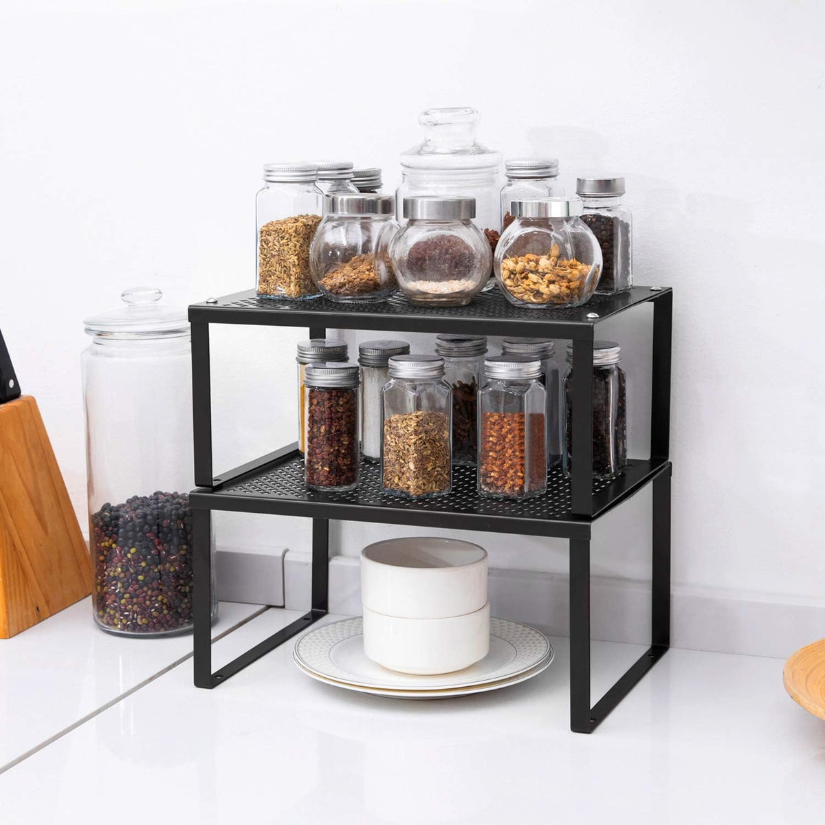 Cabinet Organizer Shelf Set of 2, Kitchen Counter Stackable Shelves, Expandable Spice Rack Pantry Organizers Bathroom Storage Riser, Metal, Black