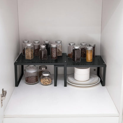 Cabinet Organizer Shelf Set of 2, Kitchen Counter Stackable Shelves, Expandable Spice Rack Pantry Organizers Bathroom Storage Riser, Metal, Black