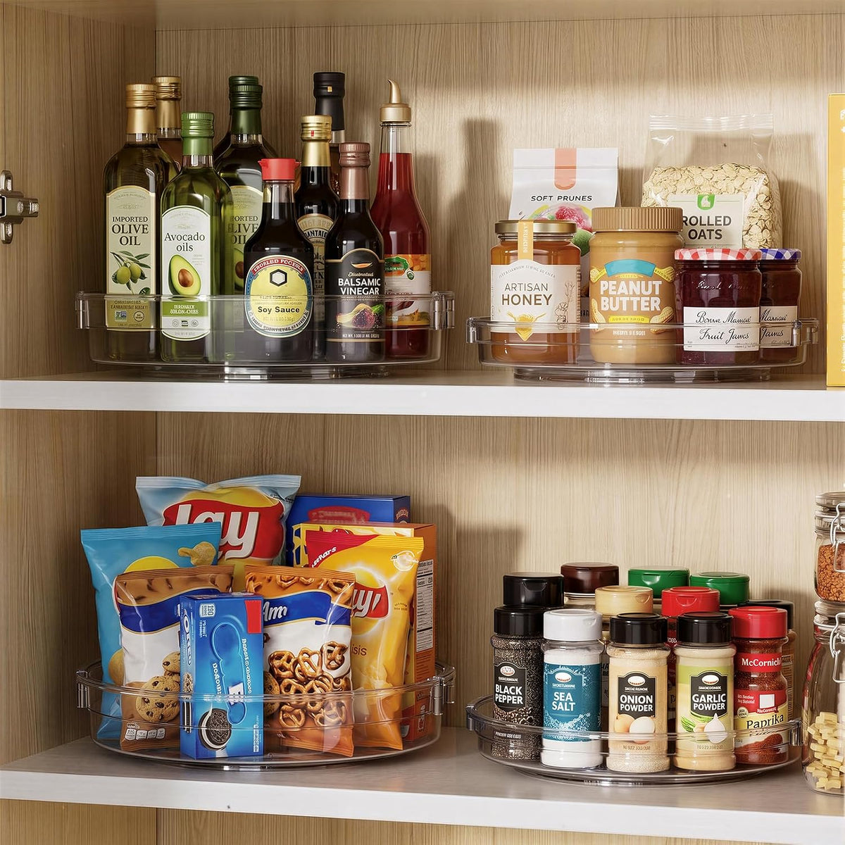LAMU 4 Pack Lazy Susan Organizer, Clear Lazy Susan Turntable for Cabinet, Refrigerator, Table Top, Kitchen, Bathroom, Pantry Organizers and Storage, 2 Sizes Included 12in, 10.6in