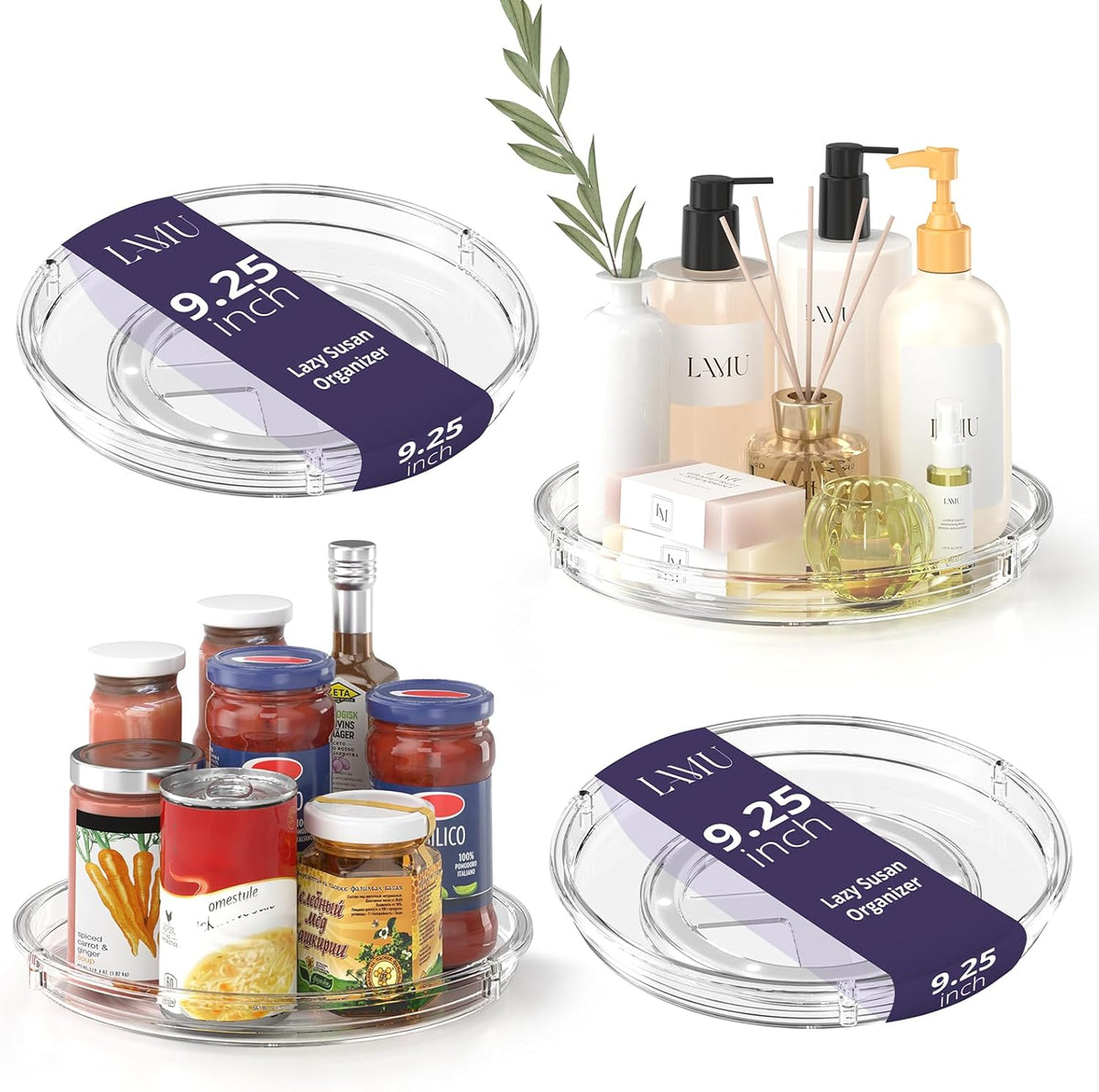 LAMU 4 Pack Lazy Susan Organizer, Clear Lazy Susan Turntable for Cabinet, Refrigerator, Table Top, Kitchen, Bathroom, Pantry Organizers and Storage, 2 Sizes Included 12in, 10.6in