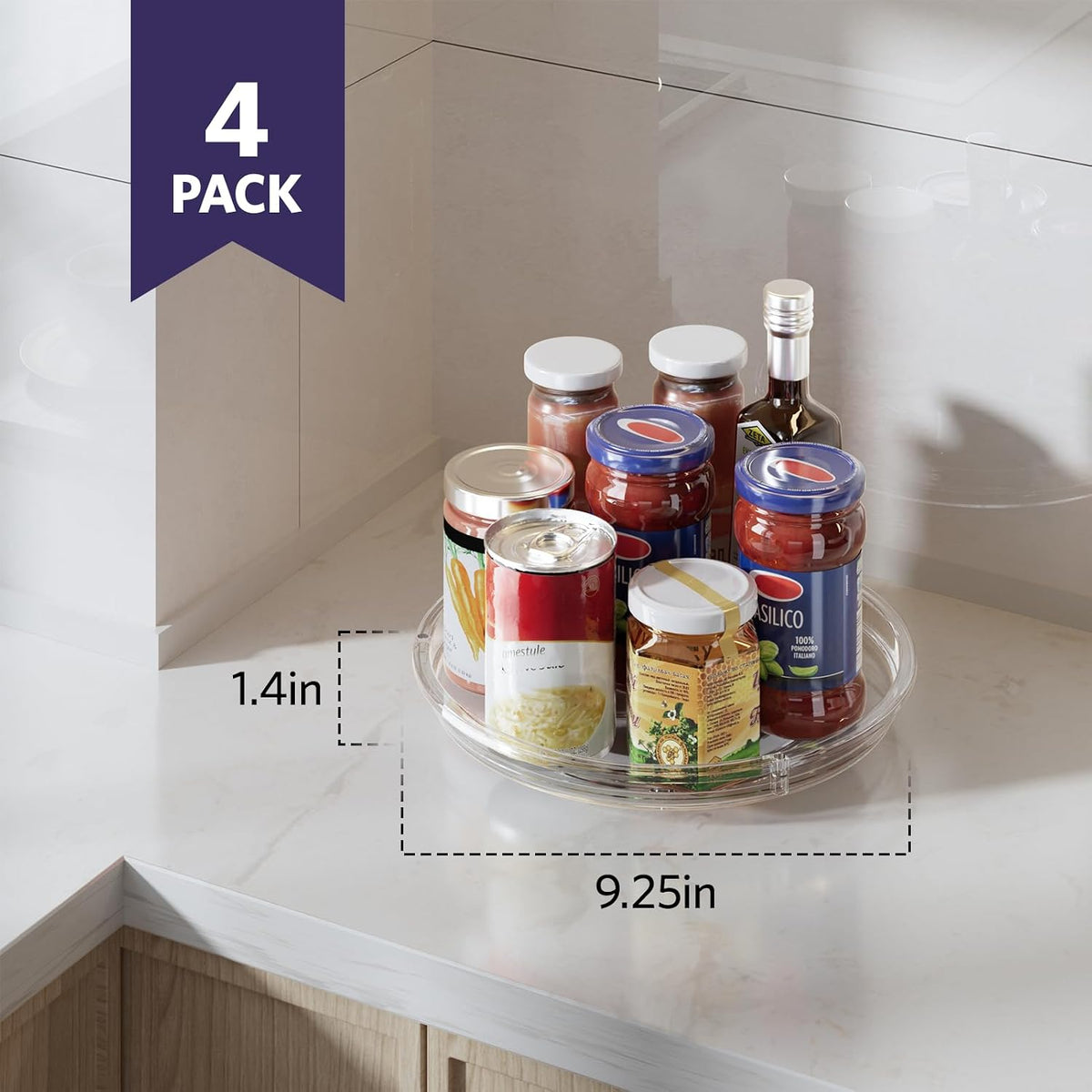LAMU 4 Pack Lazy Susan Organizer, Clear Lazy Susan Turntable for Cabinet, Refrigerator, Table Top, Kitchen, Bathroom, Pantry Organizers and Storage, 2 Sizes Included 12in, 10.6in
