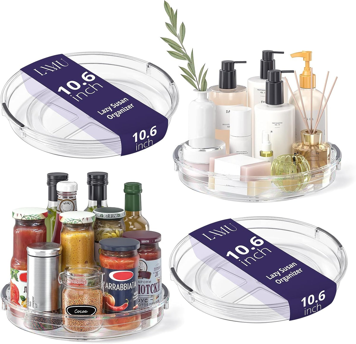 LAMU 4 Pack Lazy Susan Organizer, Clear Lazy Susan Turntable for Cabinet, Refrigerator, Table Top, Kitchen, Bathroom, Pantry Organizers and Storage, 2 Sizes Included 12in, 10.6in