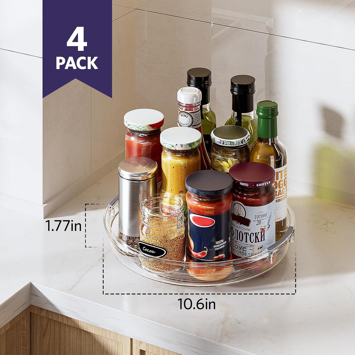 LAMU 4 Pack Lazy Susan Organizer, Clear Lazy Susan Turntable for Cabinet, Refrigerator, Table Top, Kitchen, Bathroom, Pantry Organizers and Storage, 2 Sizes Included 12in, 10.6in