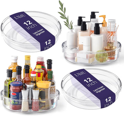 LAMU 4 Pack Lazy Susan Organizer, Clear Lazy Susan Turntable for Cabinet, Refrigerator, Table Top, Kitchen, Bathroom, Pantry Organizers and Storage, 2 Sizes Included 12in, 10.6in