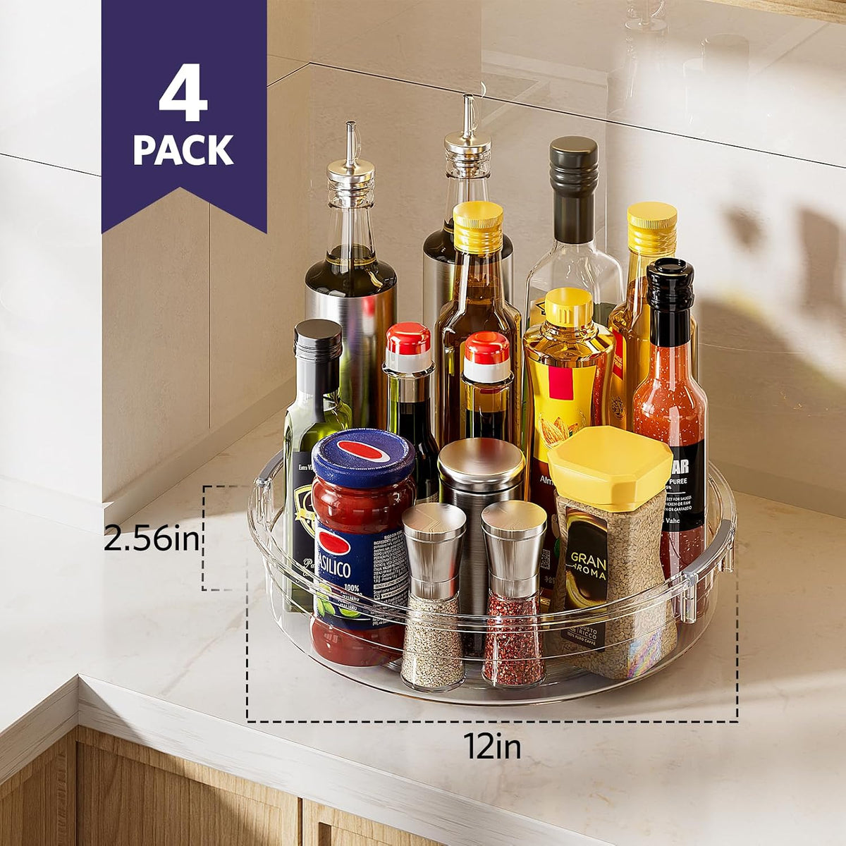 LAMU 4 Pack Lazy Susan Organizer, Clear Lazy Susan Turntable for Cabinet, Refrigerator, Table Top, Kitchen, Bathroom, Pantry Organizers and Storage, 2 Sizes Included 12in, 10.6in