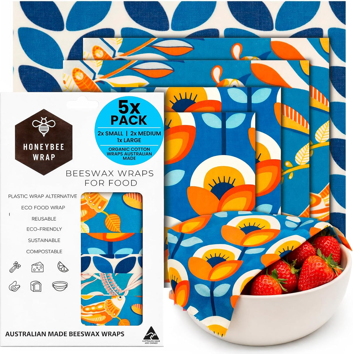 Reusable Beeswax Wraps for Food | | Eco Friendly, Organic, Biodegradable, Plastic Free, Bee's Wrap Bowl Covers and Food Storage | Cling Wrap Alternative