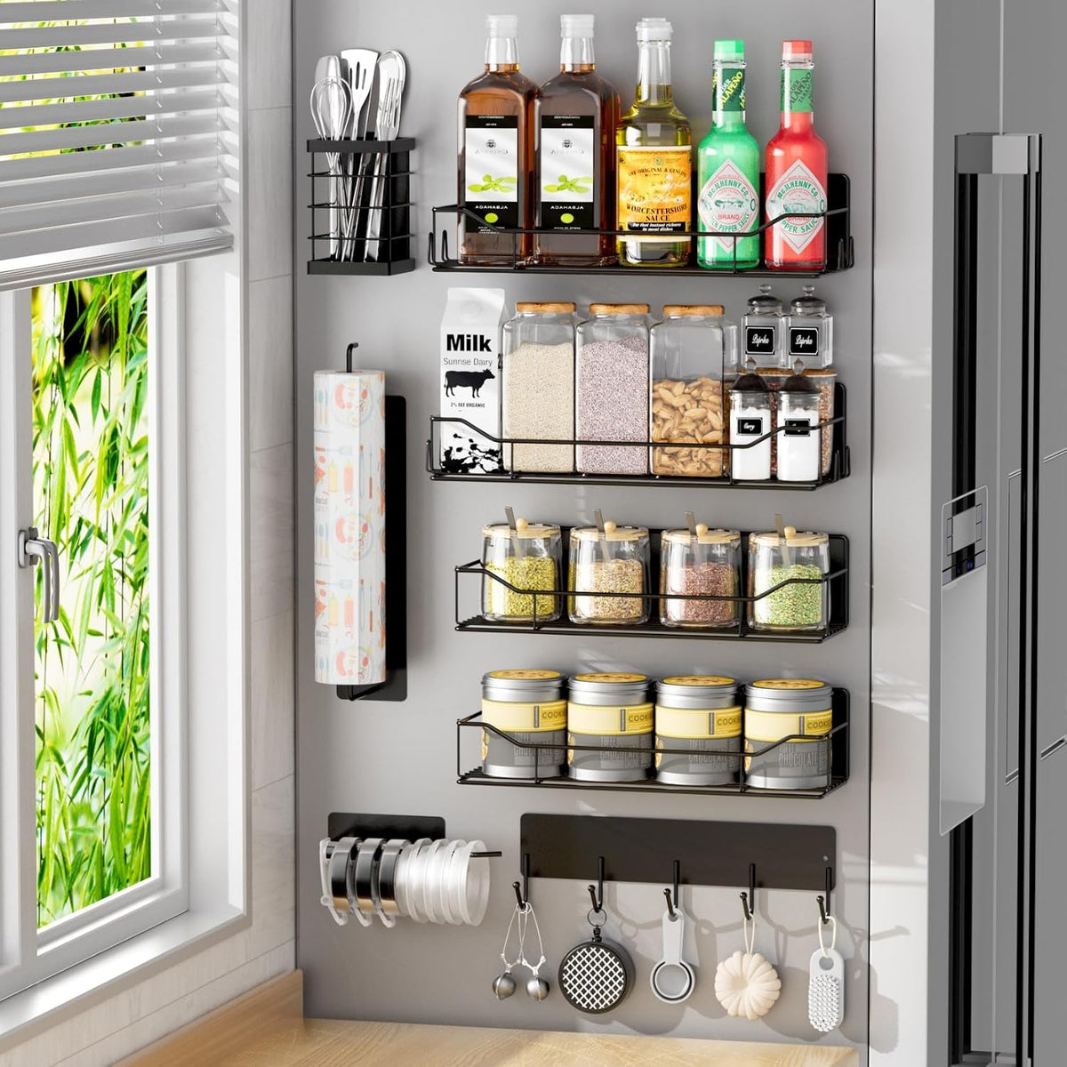 Magnetic Spice Rack for Refrigerator, Magnetic Fridge Shelf, Moveable Spice Organizer with Hook Rack, Paper Towel Holder, Utensil Holder,cup lid holder, Super Magnetic Rack Set (Black)