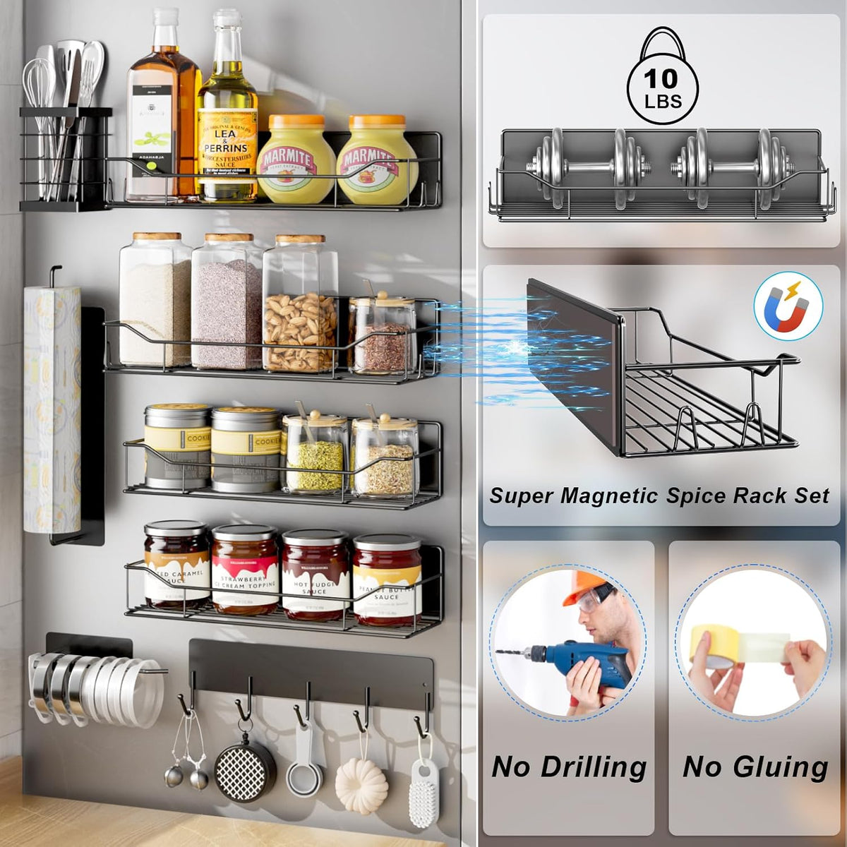 Magnetic Spice Rack for Refrigerator, Magnetic Fridge Shelf, Moveable Spice Organizer with Hook Rack, Paper Towel Holder, Utensil Holder,cup lid holder, Super Magnetic Rack Set (Black)