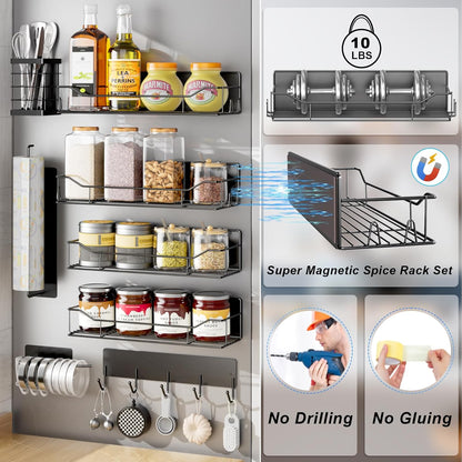 Magnetic Spice Rack for Refrigerator, Magnetic Fridge Shelf, Moveable Spice Organizer with Hook Rack, Paper Towel Holder, Utensil Holder,cup lid holder, Super Magnetic Rack Set (Black)