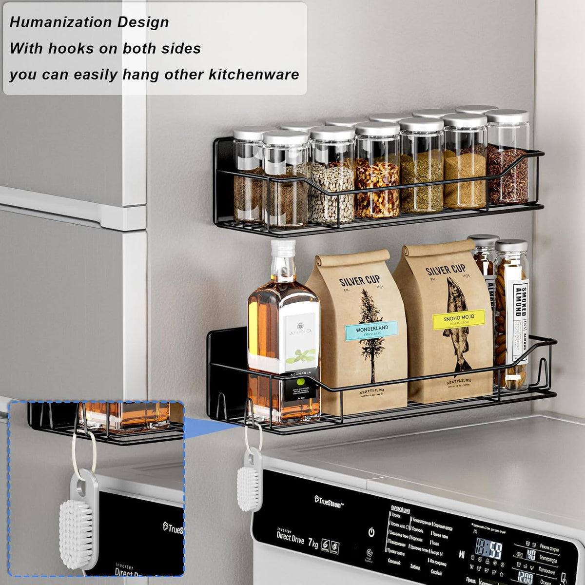 Magnetic Spice Rack for Refrigerator, Magnetic Fridge Shelf, Moveable Spice Organizer with Hook Rack, Paper Towel Holder, Utensil Holder,cup lid holder, Super Magnetic Rack Set (Black)