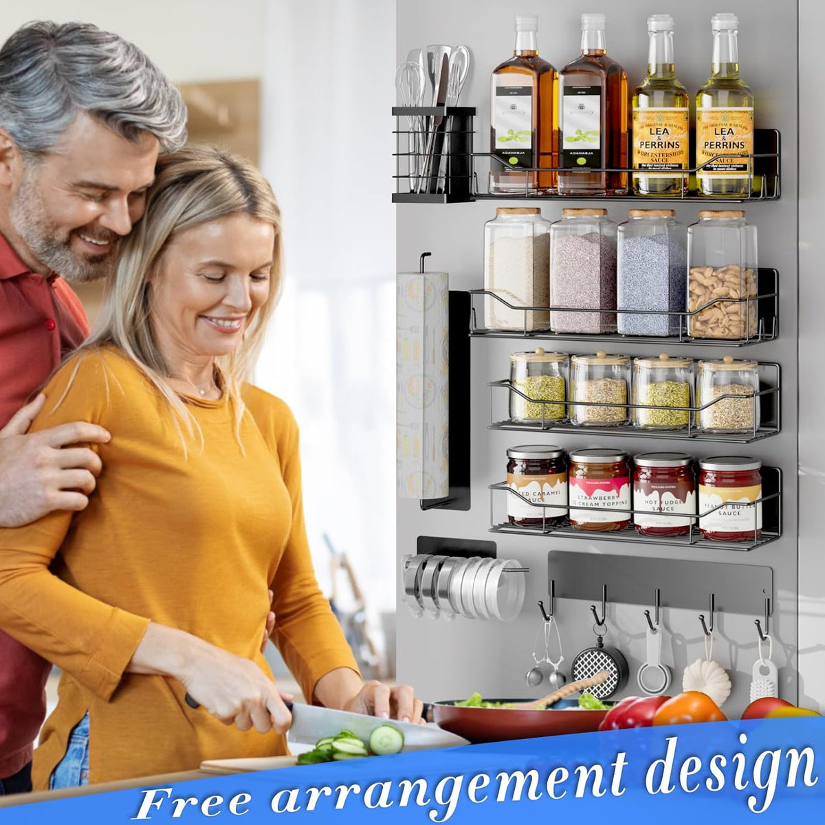 Magnetic Spice Rack for Refrigerator, Magnetic Fridge Shelf, Moveable Spice Organizer with Hook Rack, Paper Towel Holder, Utensil Holder,cup lid holder, Super Magnetic Rack Set (Black)