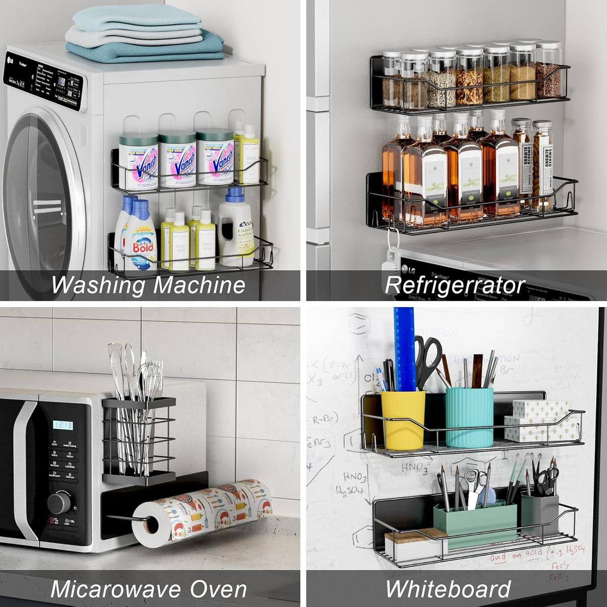 Magnetic Spice Rack for Refrigerator, Magnetic Fridge Shelf, Moveable Spice Organizer with Hook Rack, Paper Towel Holder, Utensil Holder,cup lid holder, Super Magnetic Rack Set (Black)