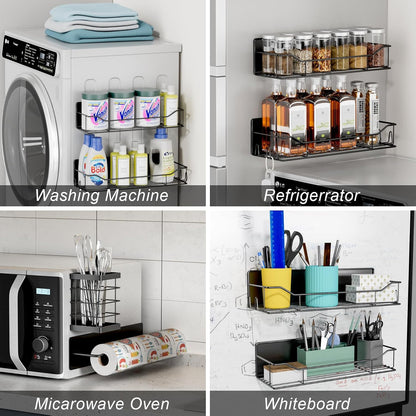 Magnetic Spice Rack for Refrigerator, Magnetic Fridge Shelf, Moveable Spice Organizer with Hook Rack, Paper Towel Holder, Utensil Holder,cup lid holder, Super Magnetic Rack Set (Black)