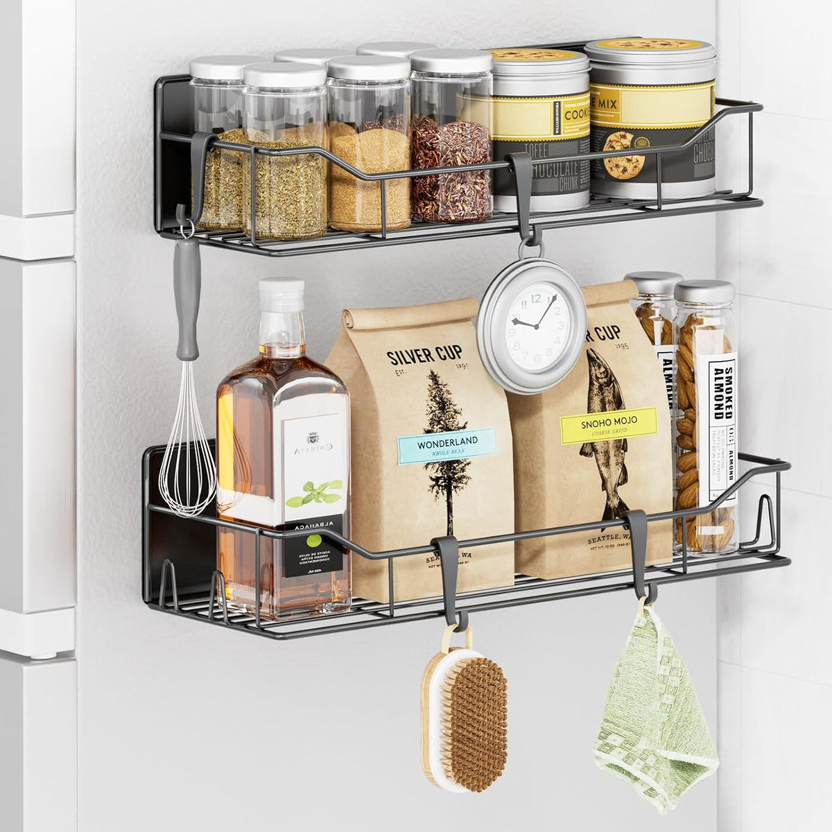 Magnetic Spice Rack for Refrigerator, Magnetic Fridge Shelf, Moveable Spice Organizer with Hook Rack, Paper Towel Holder, Utensil Holder,cup lid holder, Super Magnetic Rack Set (Black)