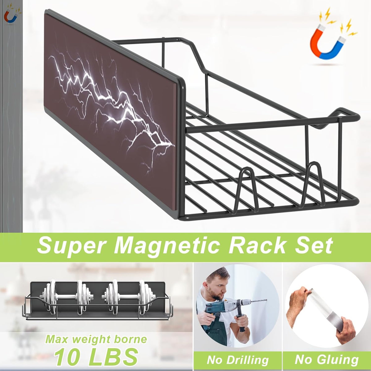 Magnetic Spice Rack for Refrigerator, Magnetic Fridge Shelf, Moveable Spice Organizer with Hook Rack, Paper Towel Holder, Utensil Holder,cup lid holder, Super Magnetic Rack Set (Black)