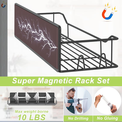 Magnetic Spice Rack for Refrigerator, Magnetic Fridge Shelf, Moveable Spice Organizer with Hook Rack, Paper Towel Holder, Utensil Holder,cup lid holder, Super Magnetic Rack Set (Black)