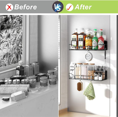 Magnetic Spice Rack for Refrigerator, Magnetic Fridge Shelf, Moveable Spice Organizer with Hook Rack, Paper Towel Holder, Utensil Holder,cup lid holder, Super Magnetic Rack Set (Black)