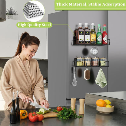 Magnetic Spice Rack for Refrigerator, Magnetic Fridge Shelf, Moveable Spice Organizer with Hook Rack, Paper Towel Holder, Utensil Holder,cup lid holder, Super Magnetic Rack Set (Black)