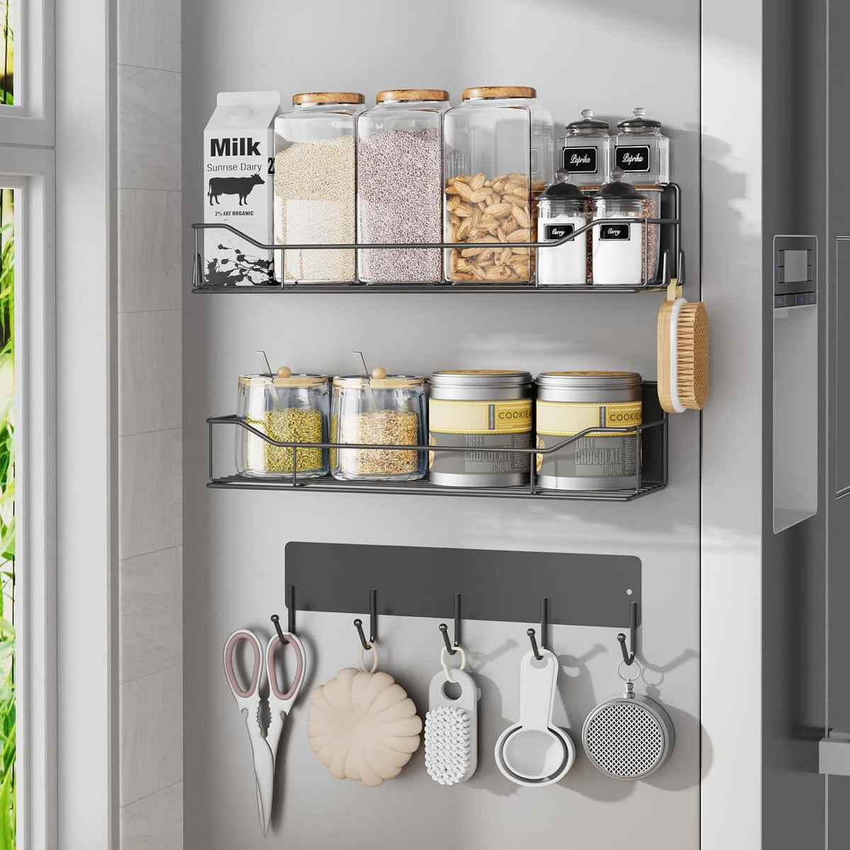 Magnetic Spice Rack for Refrigerator, Magnetic Fridge Shelf, Moveable Spice Organizer with Hook Rack, Paper Towel Holder, Utensil Holder,cup lid holder, Super Magnetic Rack Set (Black)