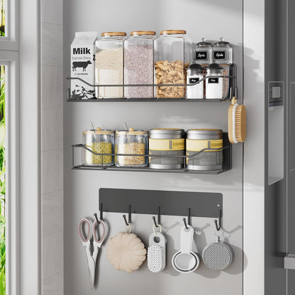 Magnetic Spice Rack for Refrigerator, Magnetic Fridge Shelf, Moveable Spice Organizer with Hook Rack, Paper Towel Holder, Utensil Holder,cup lid holder, Super Magnetic Rack Set (Black)