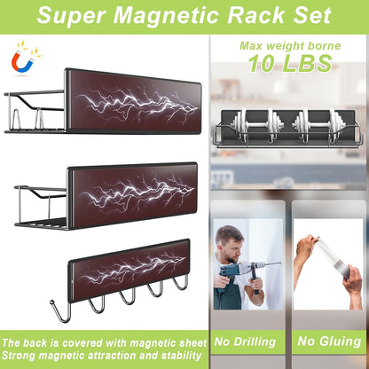 Magnetic Spice Rack for Refrigerator, Magnetic Fridge Shelf, Moveable Spice Organizer with Hook Rack, Paper Towel Holder, Utensil Holder,cup lid holder, Super Magnetic Rack Set (Black)