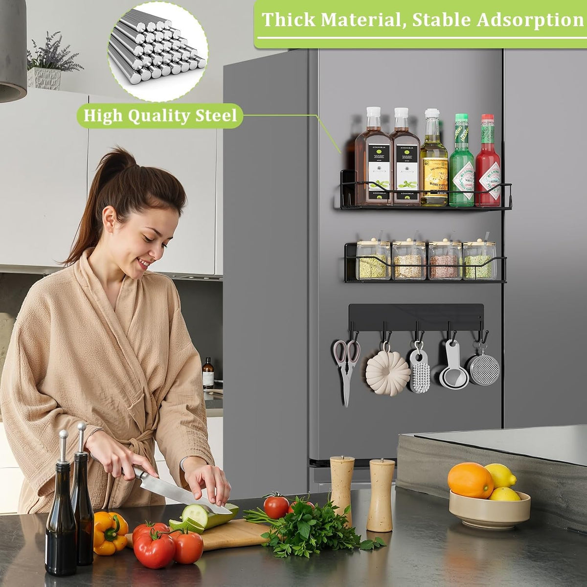 Magnetic Spice Rack for Refrigerator, Magnetic Fridge Shelf, Moveable Spice Organizer with Hook Rack, Paper Towel Holder, Utensil Holder,cup lid holder, Super Magnetic Rack Set (Black)