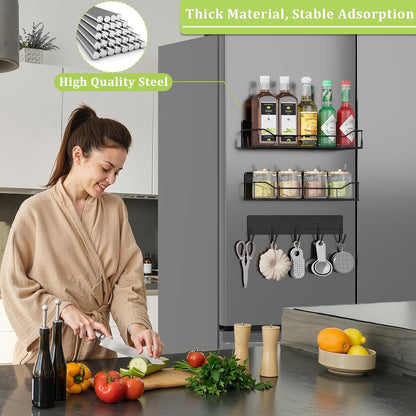 Magnetic Spice Rack for Refrigerator, Magnetic Fridge Shelf, Moveable Spice Organizer with Hook Rack, Paper Towel Holder, Utensil Holder,cup lid holder, Super Magnetic Rack Set (Black)