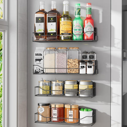Magnetic Spice Rack for Refrigerator, Magnetic Fridge Shelf, Moveable Spice Organizer with Hook Rack, Paper Towel Holder, Utensil Holder,cup lid holder, Super Magnetic Rack Set (Black)