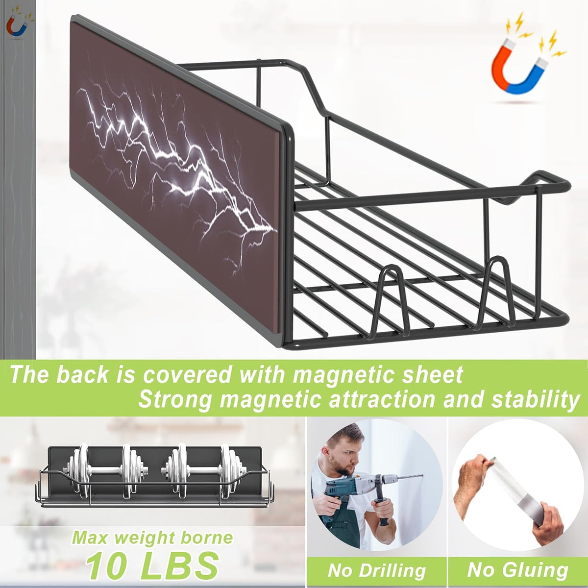 Magnetic Spice Rack for Refrigerator, Magnetic Fridge Shelf, Moveable Spice Organizer with Hook Rack, Paper Towel Holder, Utensil Holder,cup lid holder, Super Magnetic Rack Set (Black)