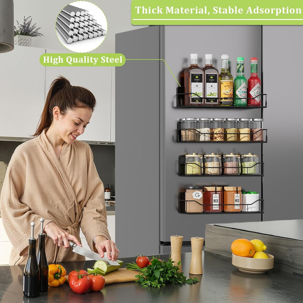 Magnetic Spice Rack for Refrigerator, Magnetic Fridge Shelf, Moveable Spice Organizer with Hook Rack, Paper Towel Holder, Utensil Holder,cup lid holder, Super Magnetic Rack Set (Black)