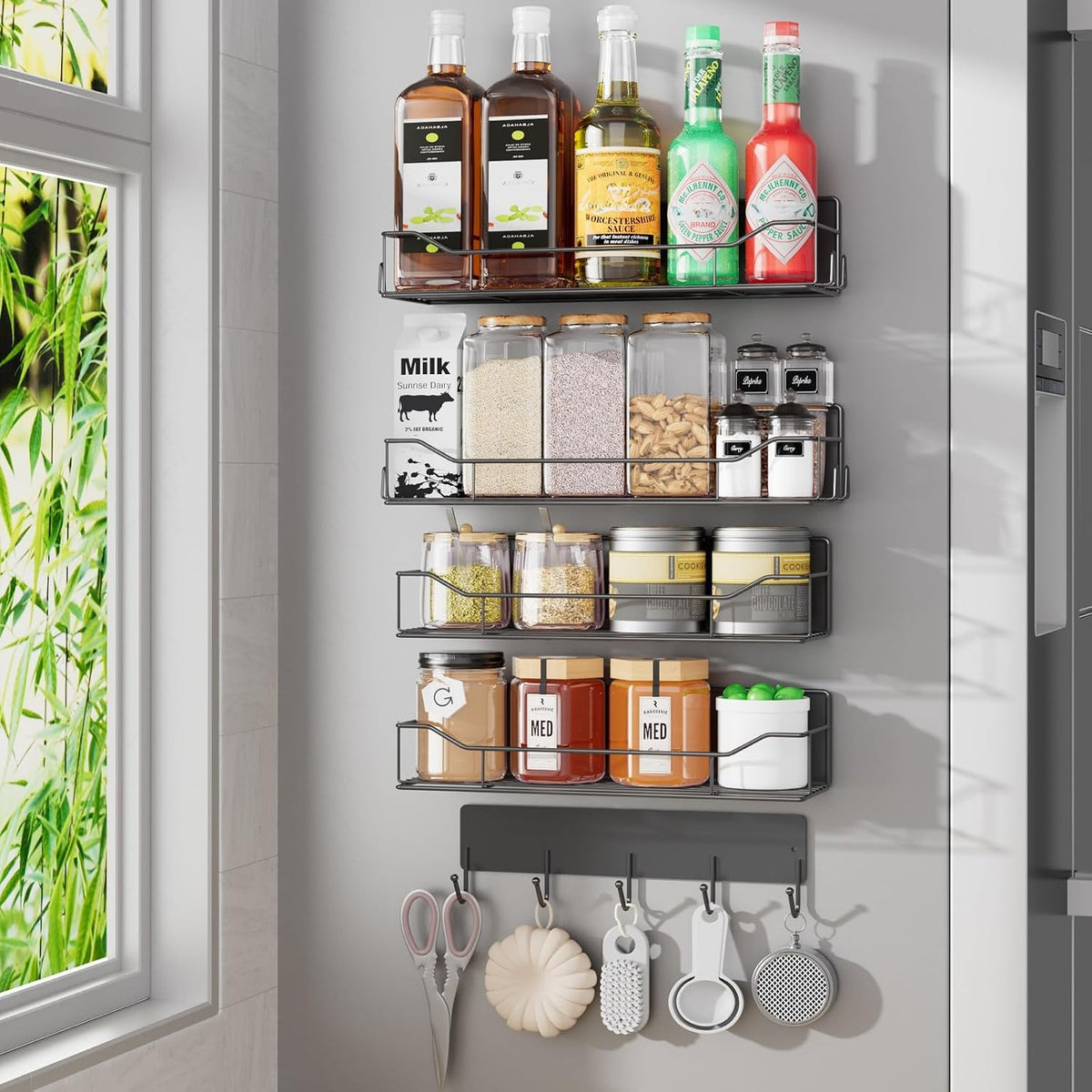 Magnetic Spice Rack for Refrigerator, Magnetic Fridge Shelf, Moveable Spice Organizer with Hook Rack, Paper Towel Holder, Utensil Holder,cup lid holder, Super Magnetic Rack Set (Black)