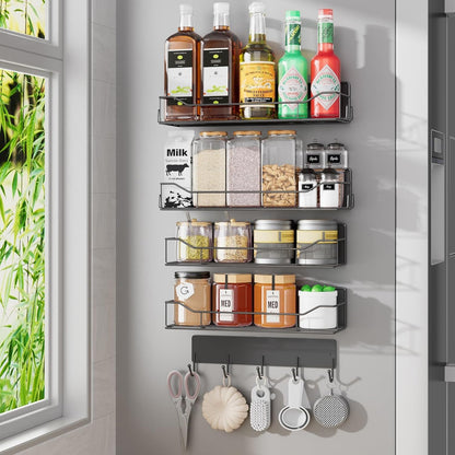 Magnetic Spice Rack for Refrigerator, Magnetic Fridge Shelf, Moveable Spice Organizer with Hook Rack, Paper Towel Holder, Utensil Holder,cup lid holder, Super Magnetic Rack Set (Black)