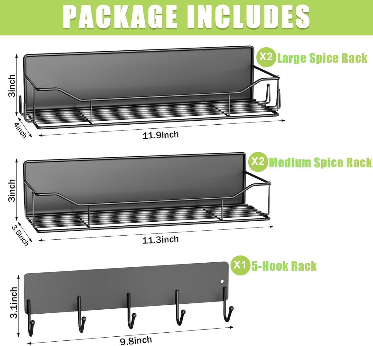 Magnetic Spice Rack for Refrigerator, Magnetic Fridge Shelf, Moveable Spice Organizer with Hook Rack, Paper Towel Holder, Utensil Holder,cup lid holder, Super Magnetic Rack Set (Black)