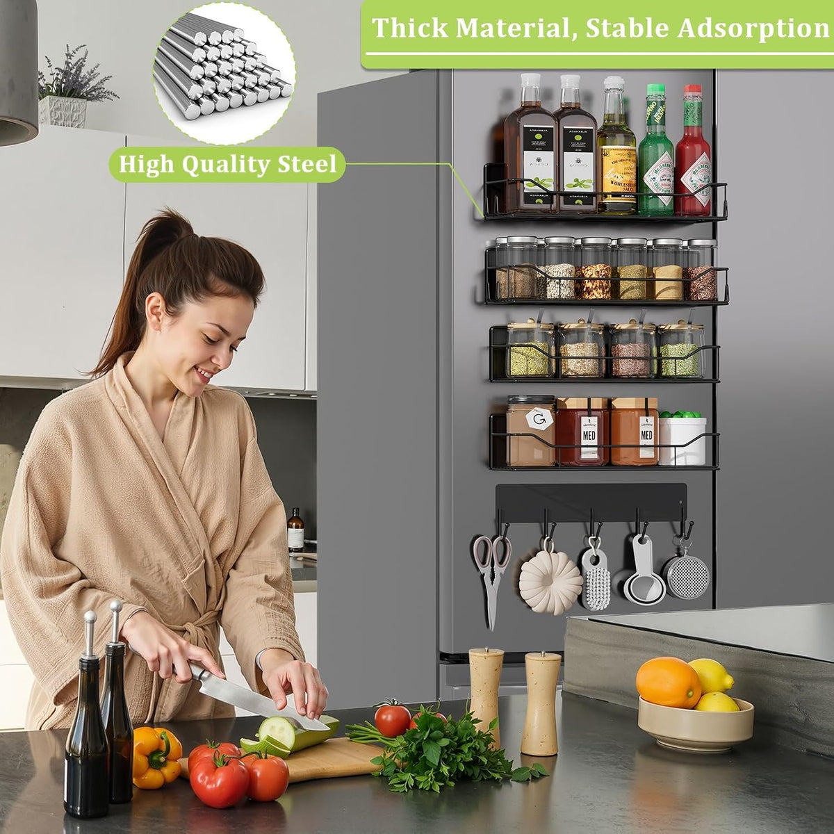 Magnetic Spice Rack for Refrigerator, Magnetic Fridge Shelf, Moveable Spice Organizer with Hook Rack, Paper Towel Holder, Utensil Holder,cup lid holder, Super Magnetic Rack Set (Black)