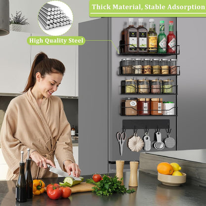 Magnetic Spice Rack for Refrigerator, Magnetic Fridge Shelf, Moveable Spice Organizer with Hook Rack, Paper Towel Holder, Utensil Holder,cup lid holder, Super Magnetic Rack Set (Black)