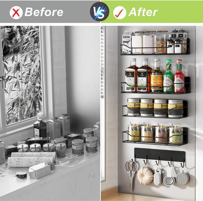 Magnetic Spice Rack for Refrigerator, Magnetic Fridge Shelf, Moveable Spice Organizer with Hook Rack, Paper Towel Holder, Utensil Holder,cup lid holder, Super Magnetic Rack Set (Black)
