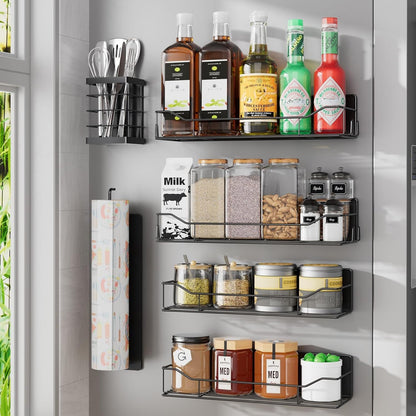 Magnetic Spice Rack for Refrigerator, Magnetic Fridge Shelf, Moveable Spice Organizer with Hook Rack, Paper Towel Holder, Utensil Holder,cup lid holder, Super Magnetic Rack Set (Black)