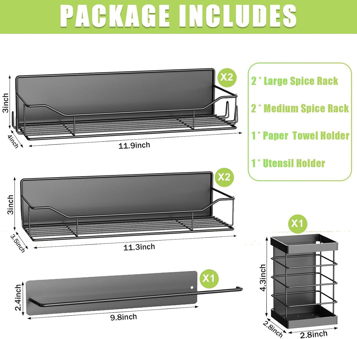 Magnetic Spice Rack for Refrigerator, Magnetic Fridge Shelf, Moveable Spice Organizer with Hook Rack, Paper Towel Holder, Utensil Holder,cup lid holder, Super Magnetic Rack Set (Black)