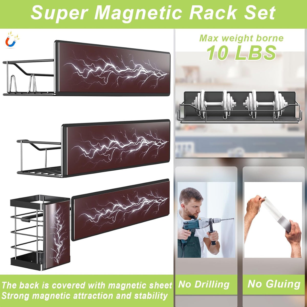 Magnetic Spice Rack for Refrigerator, Magnetic Fridge Shelf, Moveable Spice Organizer with Hook Rack, Paper Towel Holder, Utensil Holder,cup lid holder, Super Magnetic Rack Set (Black)