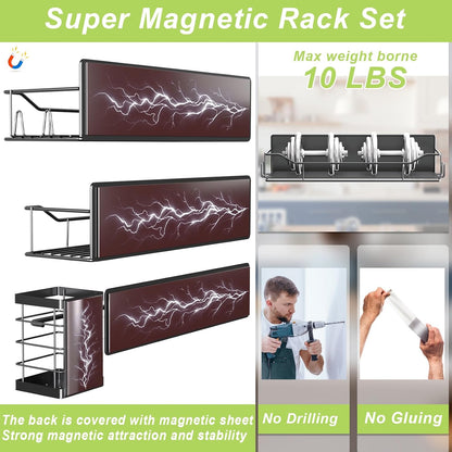 Magnetic Spice Rack for Refrigerator, Magnetic Fridge Shelf, Moveable Spice Organizer with Hook Rack, Paper Towel Holder, Utensil Holder,cup lid holder, Super Magnetic Rack Set (Black)