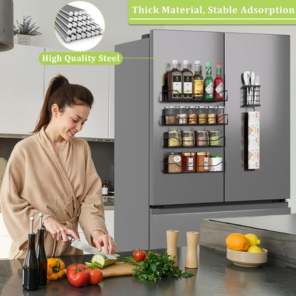 Magnetic Spice Rack for Refrigerator, Magnetic Fridge Shelf, Moveable Spice Organizer with Hook Rack, Paper Towel Holder, Utensil Holder,cup lid holder, Super Magnetic Rack Set (Black)