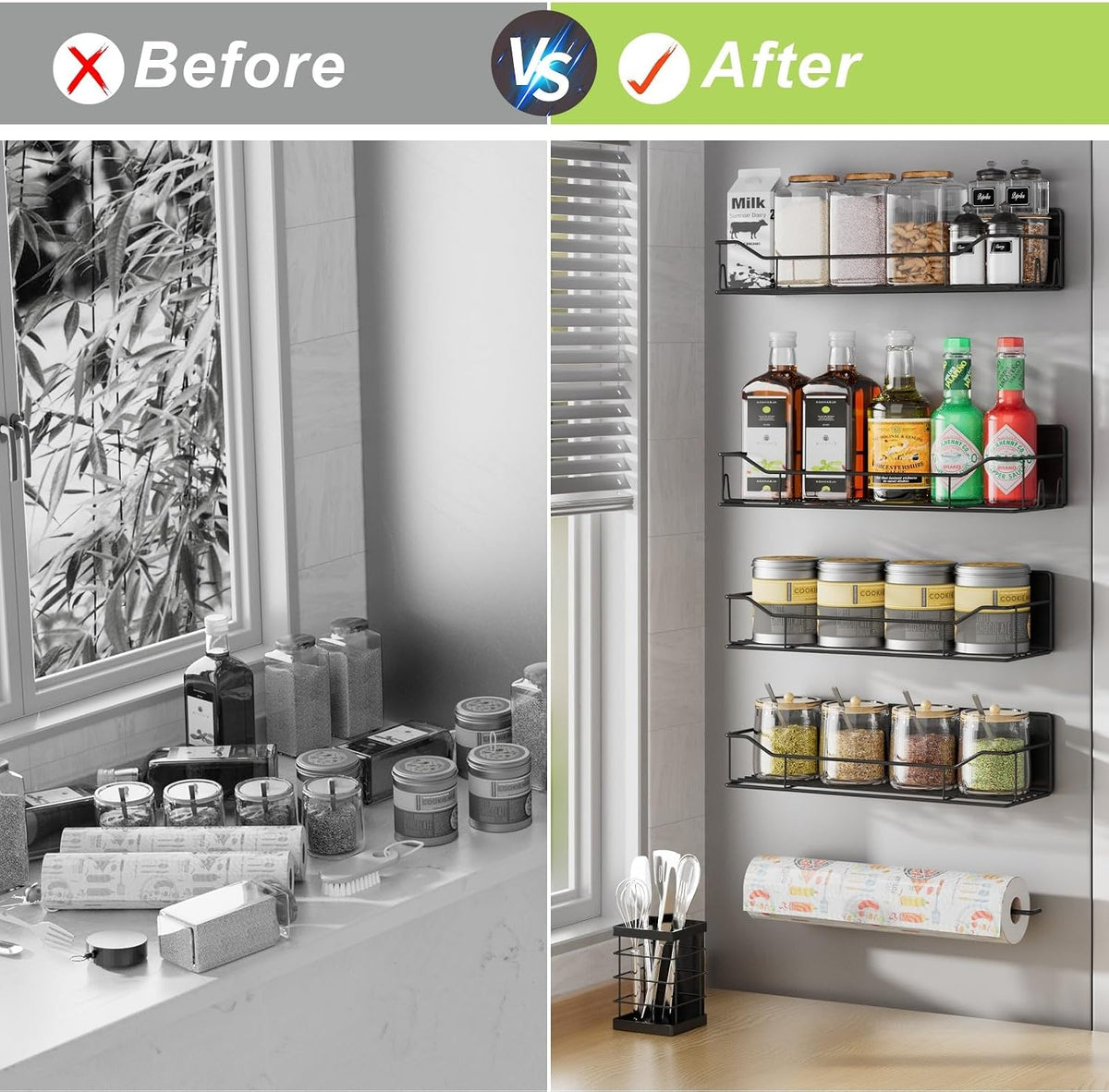 Magnetic Spice Rack for Refrigerator, Magnetic Fridge Shelf, Moveable Spice Organizer with Hook Rack, Paper Towel Holder, Utensil Holder,cup lid holder, Super Magnetic Rack Set (Black)