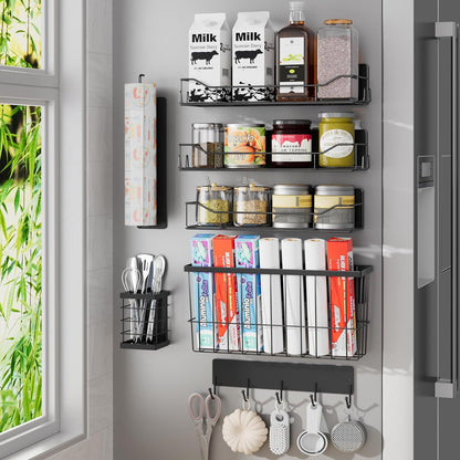 Magnetic Spice Rack for Refrigerator, Magnetic Fridge Shelf, Moveable Spice Organizer with Hook Rack, Paper Towel Holder, Utensil Holder,cup lid holder, Super Magnetic Rack Set (Black)