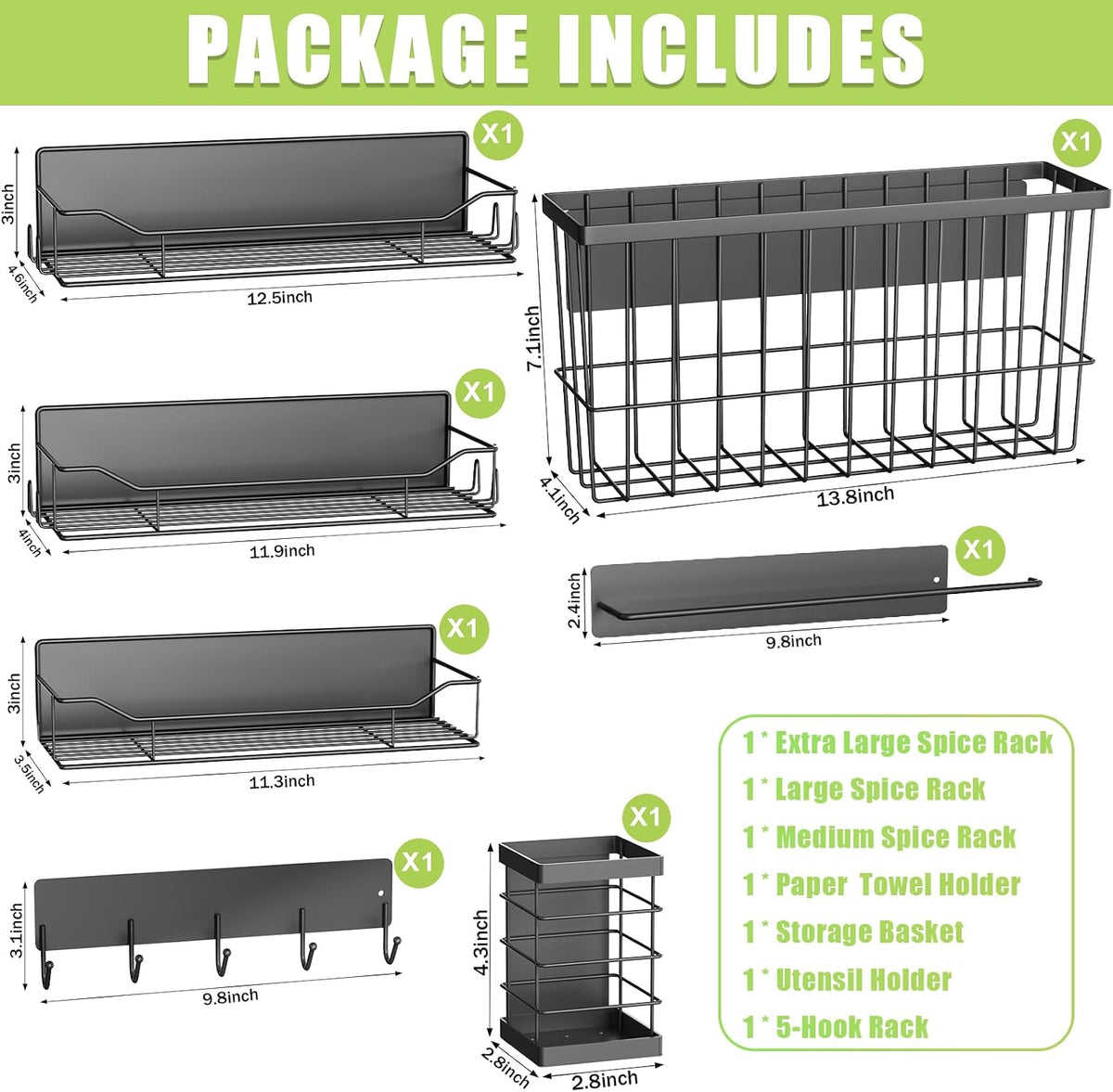 Magnetic Spice Rack for Refrigerator, Magnetic Fridge Shelf, Moveable Spice Organizer with Hook Rack, Paper Towel Holder, Utensil Holder,cup lid holder, Super Magnetic Rack Set (Black)