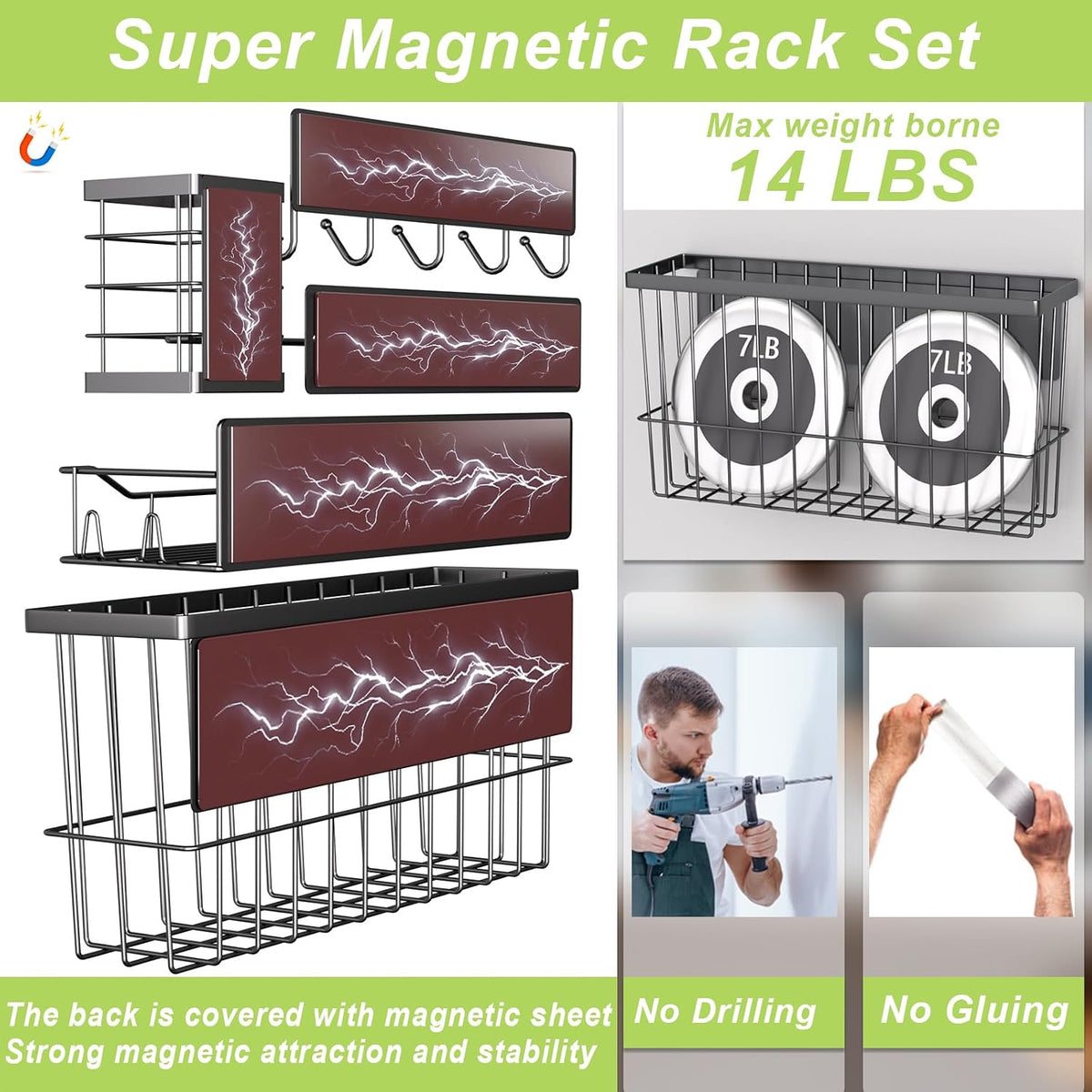 Magnetic Spice Rack for Refrigerator, Magnetic Fridge Shelf, Moveable Spice Organizer with Hook Rack, Paper Towel Holder, Utensil Holder,cup lid holder, Super Magnetic Rack Set (Black)