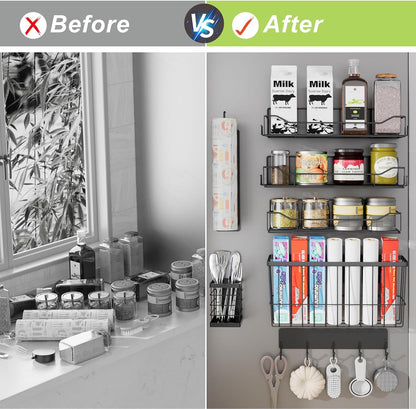 Magnetic Spice Rack for Refrigerator, Magnetic Fridge Shelf, Moveable Spice Organizer with Hook Rack, Paper Towel Holder, Utensil Holder,cup lid holder, Super Magnetic Rack Set (Black)