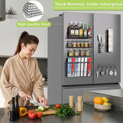 Magnetic Spice Rack for Refrigerator, Magnetic Fridge Shelf, Moveable Spice Organizer with Hook Rack, Paper Towel Holder, Utensil Holder,cup lid holder, Super Magnetic Rack Set (Black)