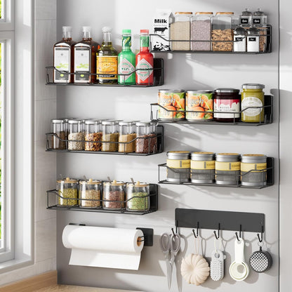 Magnetic Spice Rack for Refrigerator, Magnetic Fridge Shelf, Moveable Spice Organizer with Hook Rack, Paper Towel Holder, Utensil Holder,cup lid holder, Super Magnetic Rack Set (Black)