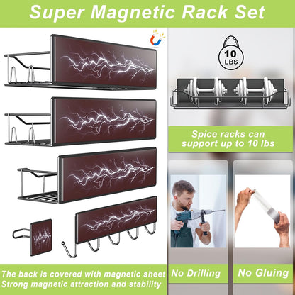 Magnetic Spice Rack for Refrigerator, Magnetic Fridge Shelf, Moveable Spice Organizer with Hook Rack, Paper Towel Holder, Utensil Holder,cup lid holder, Super Magnetic Rack Set (Black)